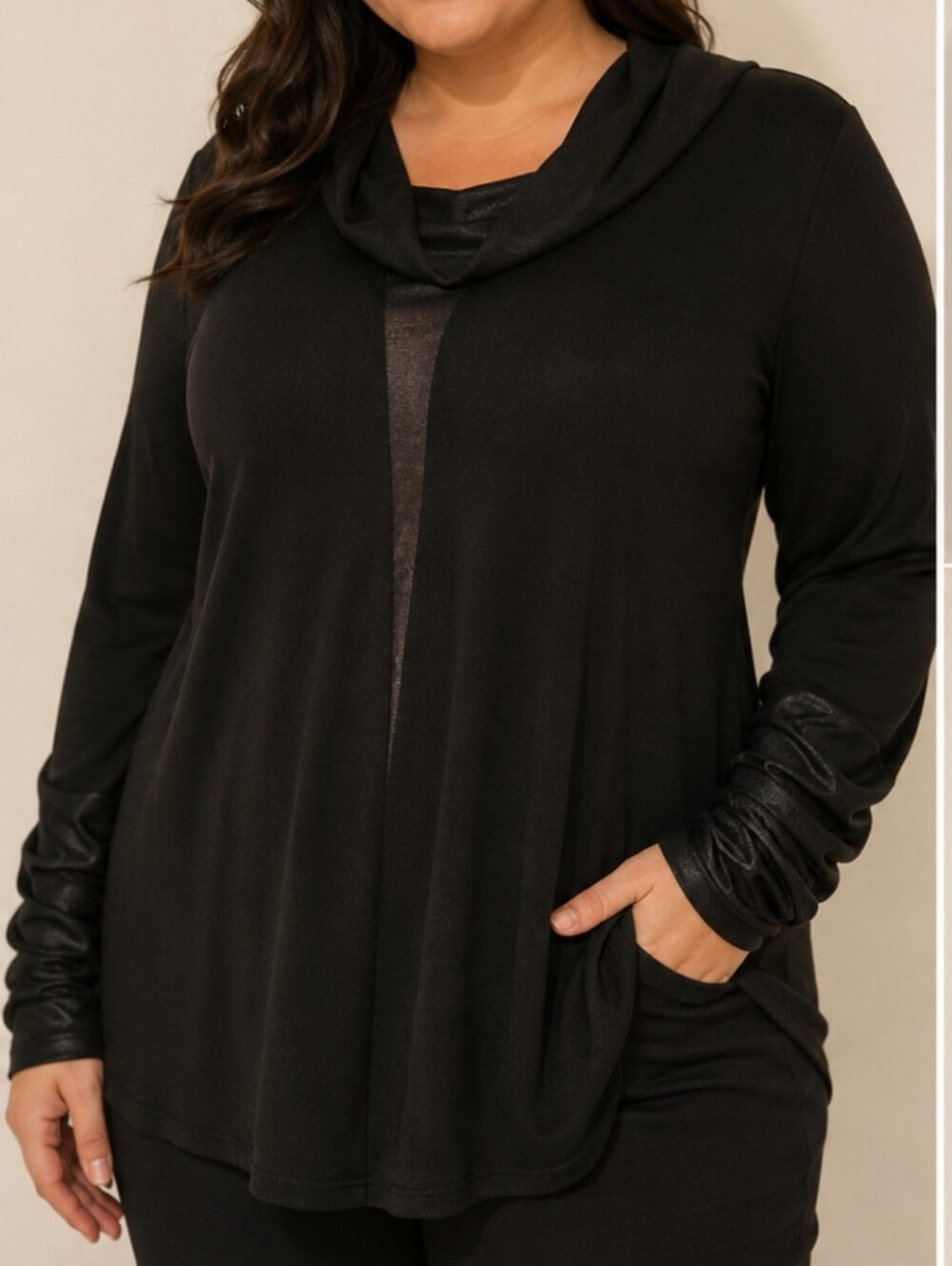 Joseph Ribkoff S16 2 Tone Black Ruched Sleeve Turtleneck Blouse